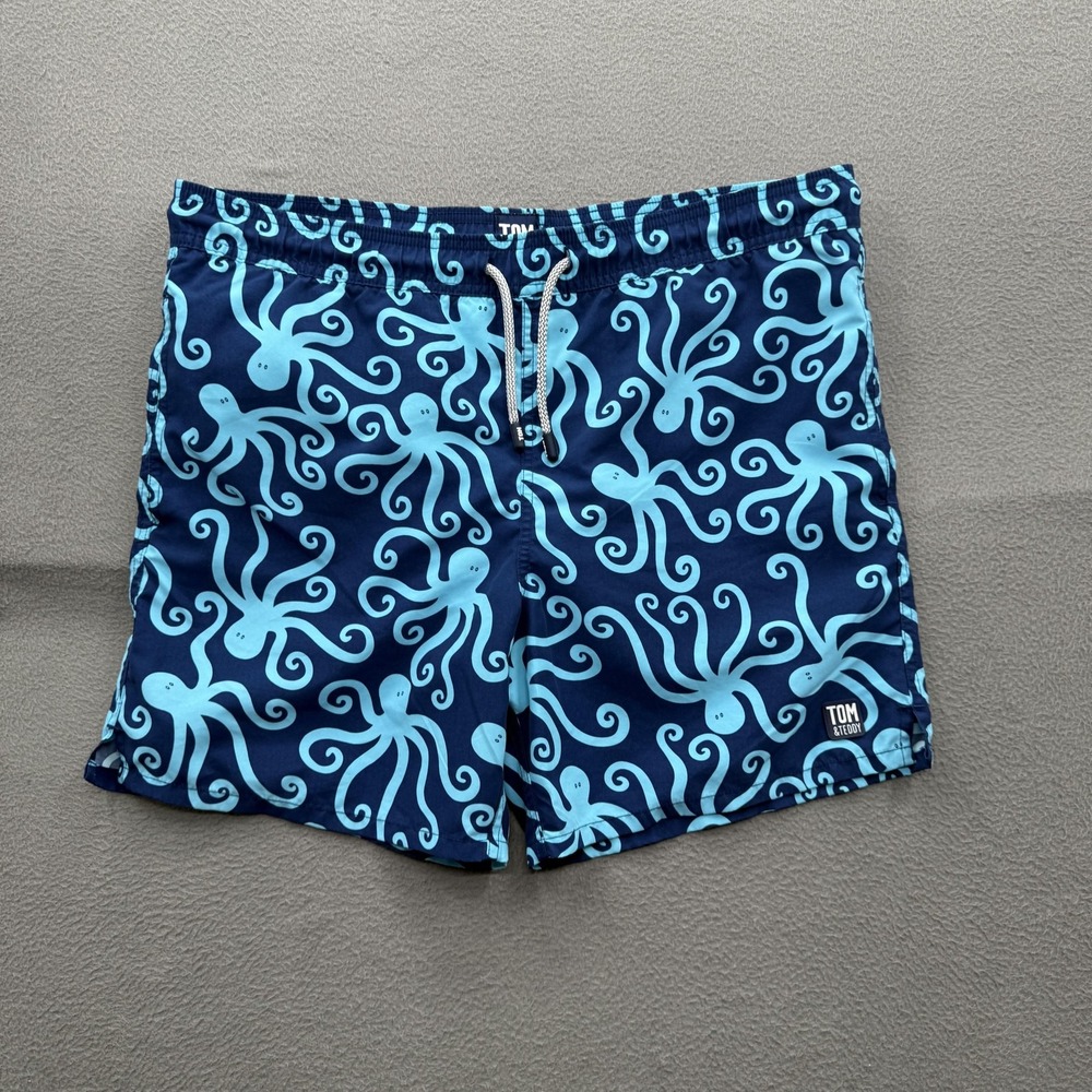 Tom & Teddy Swim Shorts Mens Medium Blue Octopus Trunks Lined Quick Dry Beach